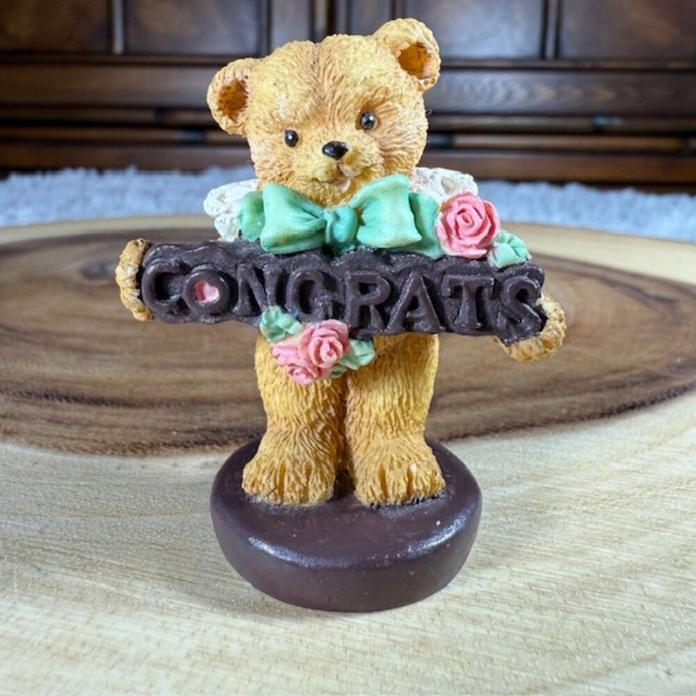 Vintage Painted Porcelain CONGRATS Bow and Rose Bear